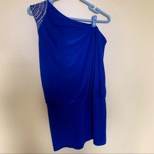Cache: Beautiful, one sleeve, fully lined, royal blue dress. Only worn once